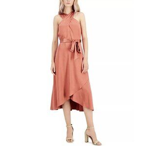 INC Faux-Wrap satin midi Dress Size 14 fit and flare Tie-Waist mauve NEW